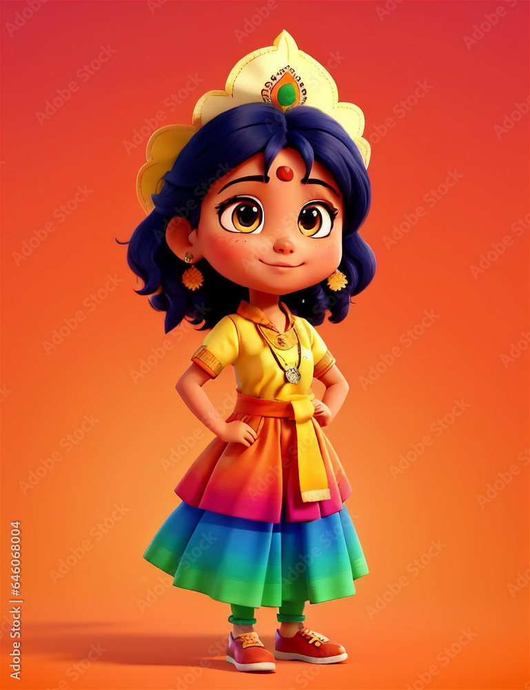 Cute indian cartoon child character with national costume of India colorful 3d character Cute indian cartoon child character with national costume of India colorful 3d character