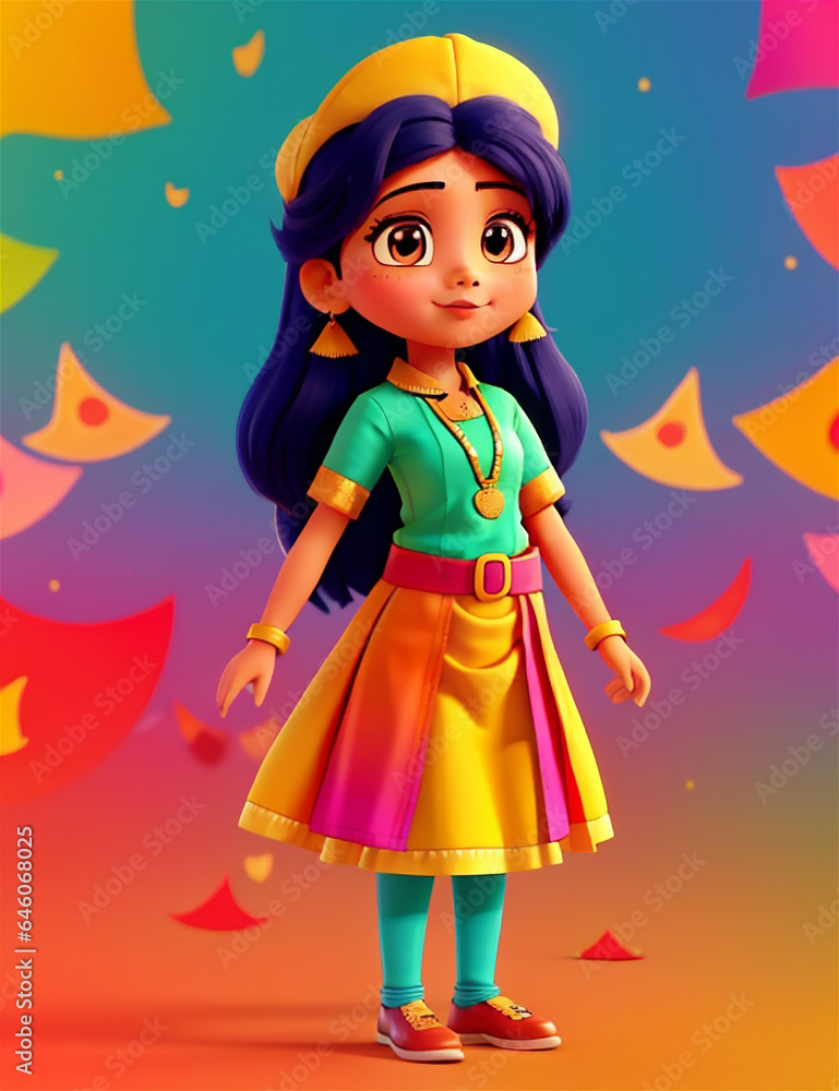 Cute indian cartoon child character with national costume of India colorful 3d character