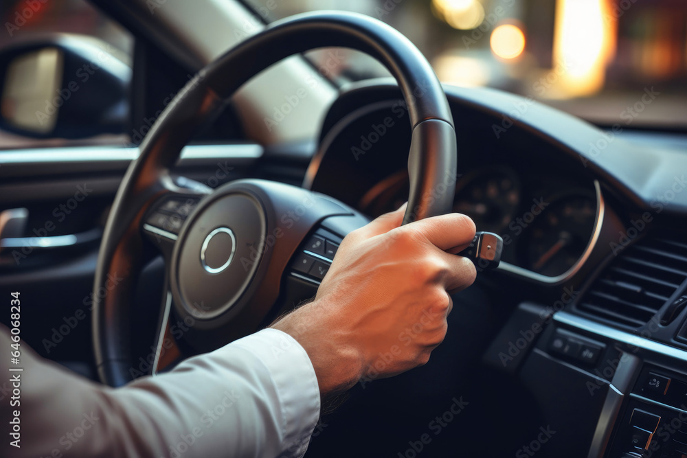 Interior View of Car: Hands on the Steering Wheel