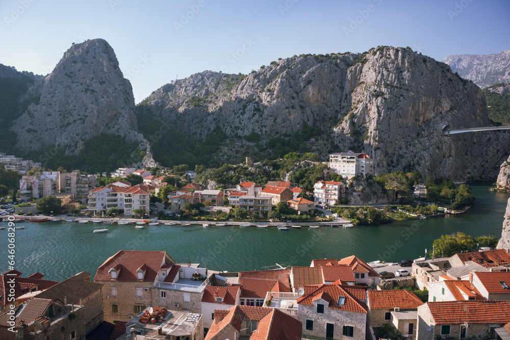 View to Omis and Cetina river with mountains, Omis, Croatia 