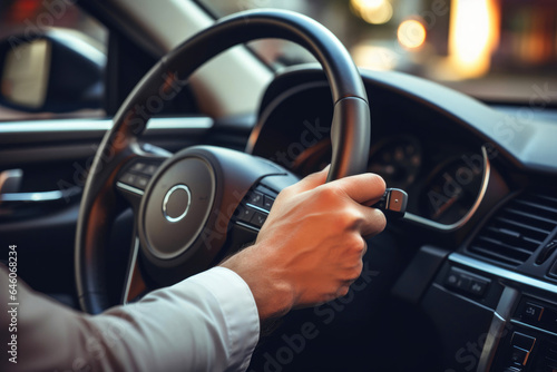 Interior View of Car: Hands on the Steering Wheel