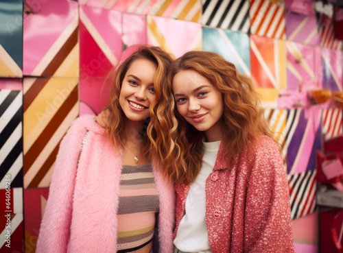 Two beautiful young women in a pink coat on the background of a colorful wall