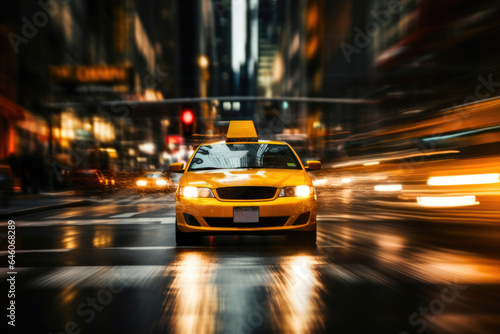 Taxi Cab Streaking Through Night Traffic