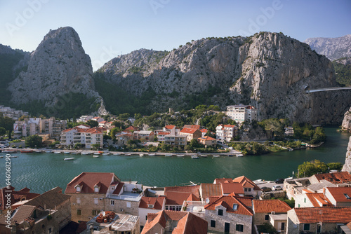 View to Omis and Cetina river with mountains  Omis  Croatia 