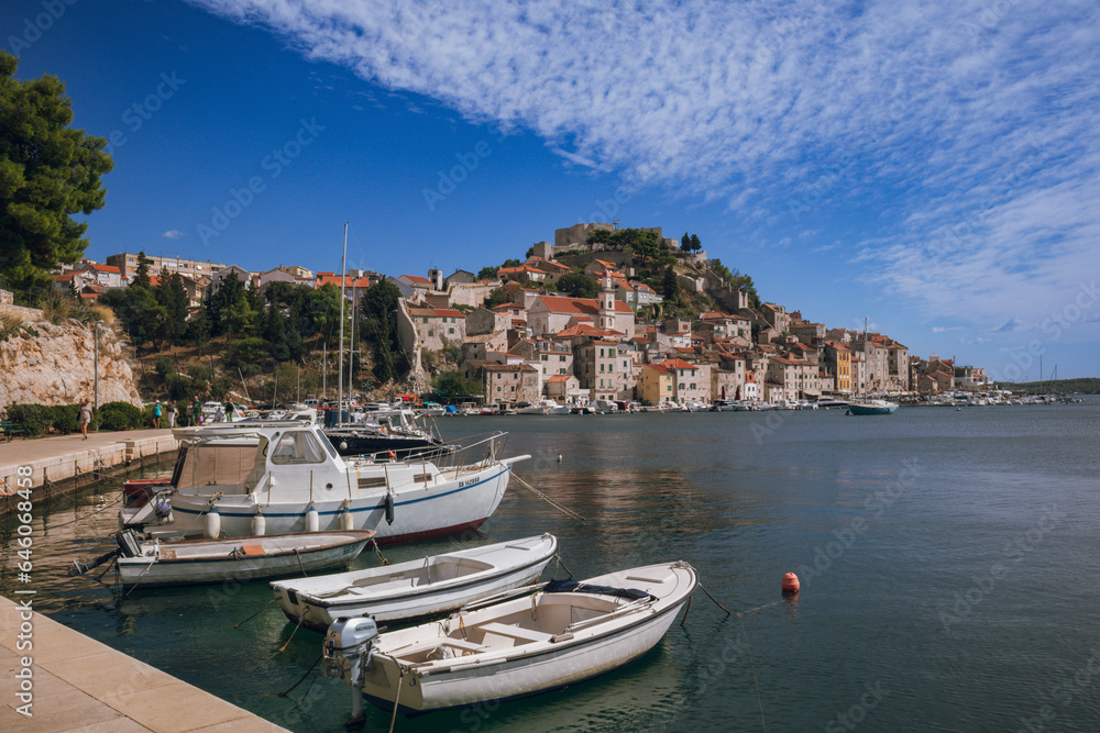 Panoramic view to Sibenik old town with boats in front, Sibenik, Dalmatia, Croatia 
