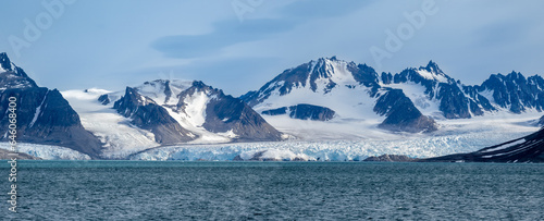 Stunning panormaic view of the Lilliehöökbreen glacier complex in Albert I Land and Haakon VII Land at Spitsbergen, Svalbard.