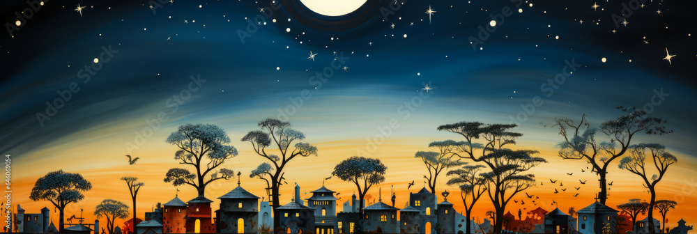 Serene and minimalist design of West African mud-brick houses under a starry night sky. Traditional architecture, artistically expressed in geometric forms and dark monochrome tones. Serene and minimalist design of West African mud-brick houses under a starry night sky. Traditional architecture, artistically expressed in geometric forms and dark monochrome tones.