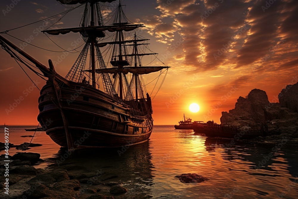 Pirate ship and medieval ship docked together during sunrise. Generative AI