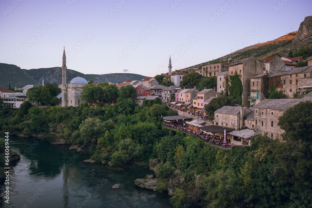 View to Mostar old town at sunset, Mostar, Bosnia and Herzegovina