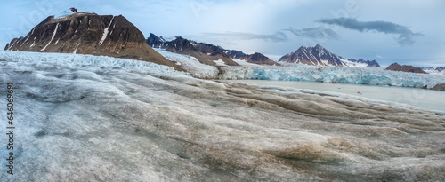 Hiking the Lilliehöökbreen glacier complex in Albert I Land and Haakon VII Land at Spitsbergen, Svalbard.