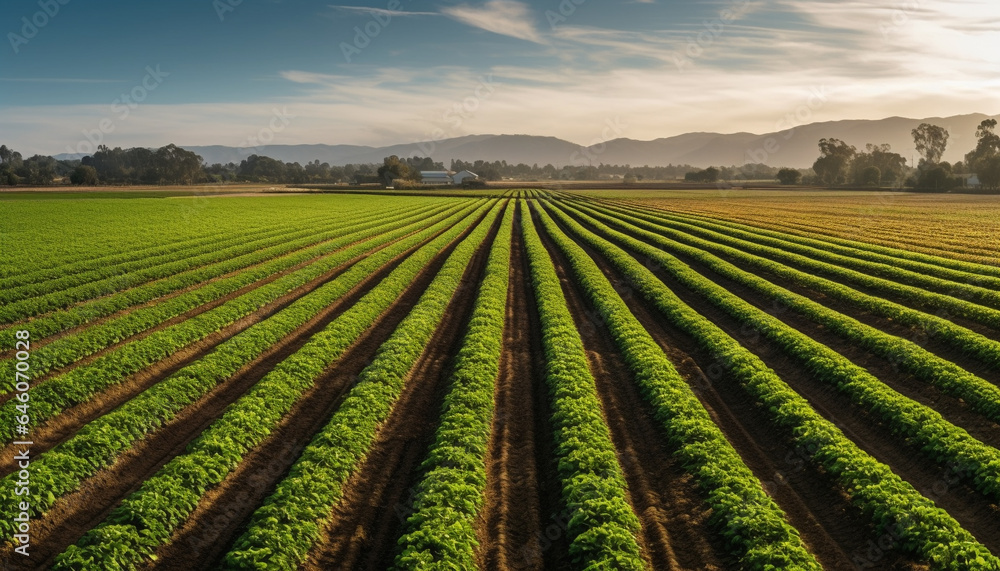 A panoramic view of a tranquil, idyllic rural scene generated by AI