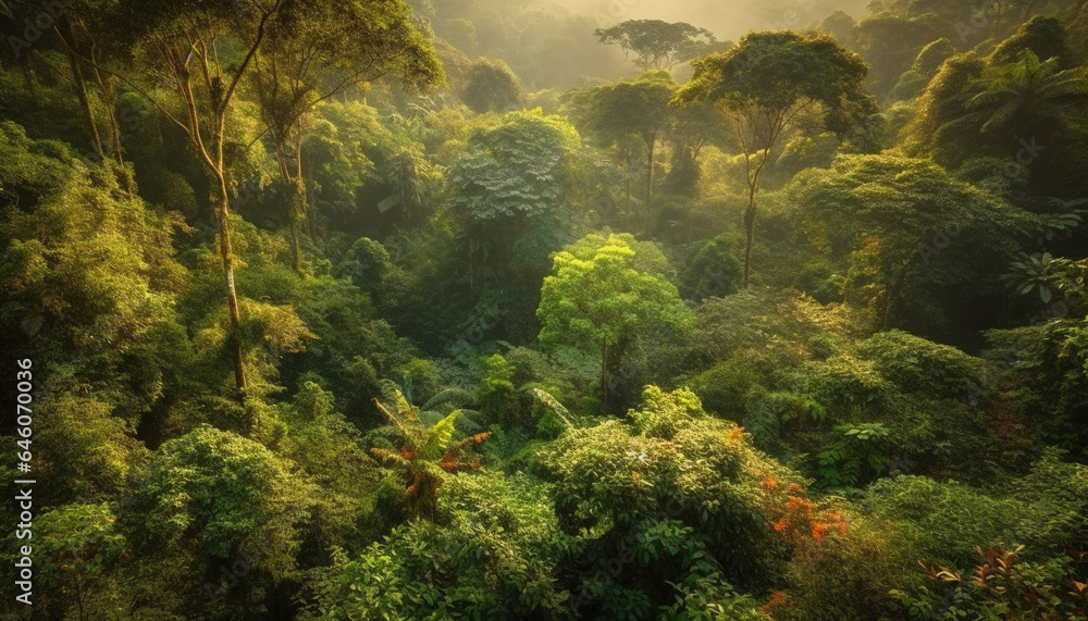 Fototapeta premium Tranquil scene of a forest with green trees and foliage generated by AI