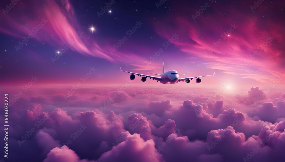 Fototapeta premium 飛行機と幻想的で美しい夕焼け空 青色の空と紫色の雲と星