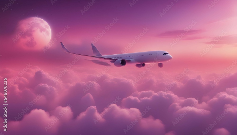 飛行機と幻想的で美しい夕焼け空 青色の空と紫色の雲 飛行機と幻想的で美しい夕焼け空 青色の空と紫色の雲
