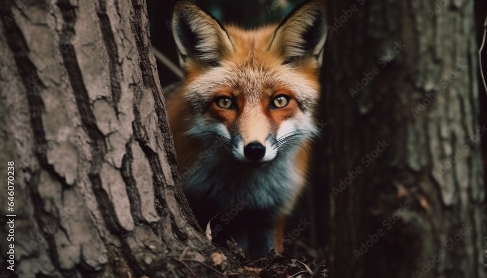 Red fox sitting on branch, fur and whiskers in focus generated by AI Red fox sitting on branch, fur and whiskers in focus generated by AI