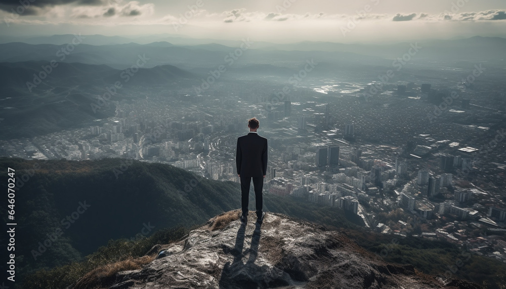 Obraz premium Young businessman conquering adversity, standing on mountain peak, achieving success generated by AI