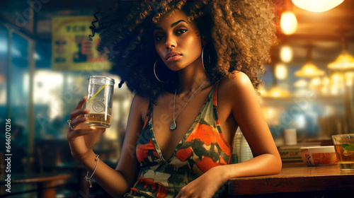 retrato bella mujer negra afro en un bar con un vaso en la mano photo
