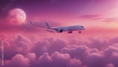 飛行機と幻想的で美しい夕焼け空 青色の空と紫色の雲