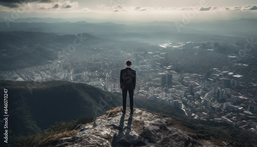 Young businessman conquering adversity, standing on mountain peak, achieving success generated by AI © Stockgiu