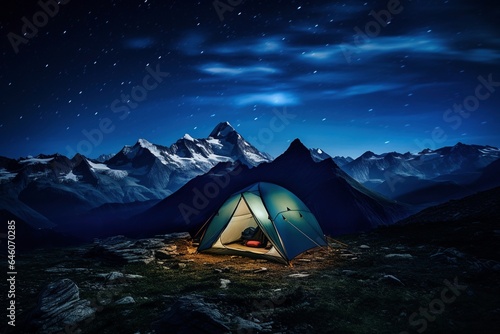 Tienda de campaña iluminada por la noche en una montaña solitaria. Se ve un cielo estrellado