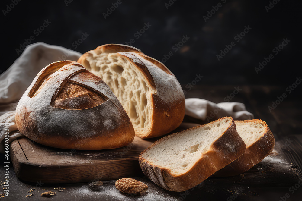 Sourdough bread with crispy crust on a wooden dark table for bakery food photography background.