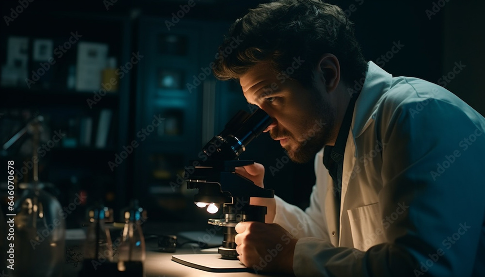 Young Caucasian scientist analyzing microbiology with magnification in laboratory generated by AI Young Caucasian scientist analyzing microbiology with magnification in laboratory generated by AI