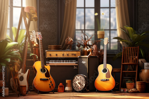 room housing various musical instruments,3d rendering photo
