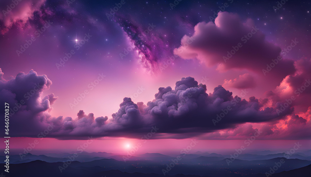 幻想的で美しい夕焼け空 青色の空と紫色の雲と星 幻想的で美しい夕焼け空 青色の空と紫色の雲と星