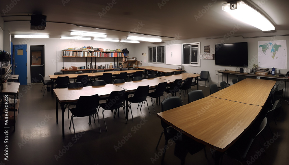 Modern classroom with empty seats and elegant wooden furniture generated by AI