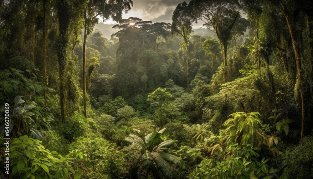 Fototapeta premium Tropical rainforest beauty in nature green trees, ferns, and mountains generated by AI