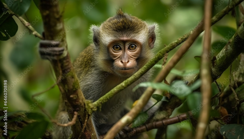 Cute young macaque sitting on branch, looking at camera generated by AI Cute young macaque sitting on branch, looking at camera generated by AI