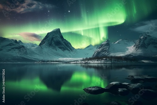 Quiet green aurora borealis rises behind snowy mountains. Generative AI