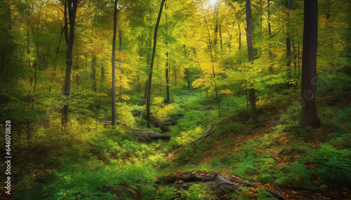 Tranquil autumn forest, vibrant colors, hiking adventure, wilderness mystery generated by AI