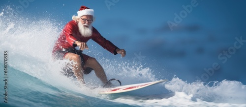 Santa Claus catching a wave on a vibrant surfboard in the tropical ocean, Surfing Santa concept