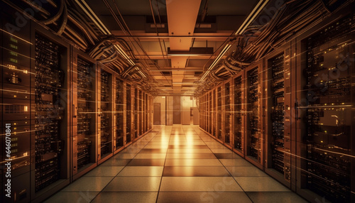 Futuristic computer network in a row inside modern storage room generated by AI