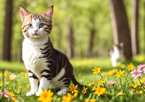 Cute cat sitting on green grass in the spring garden with flowers