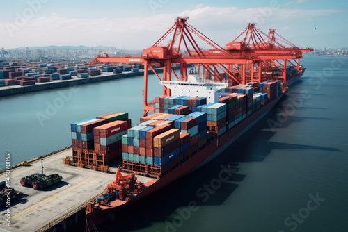 Vibrant and busy cargo port with ships, cranes, and containers