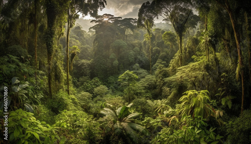 Tropical rainforest beauty in nature green trees, ferns, and mountains generated by AI © Stockgiu