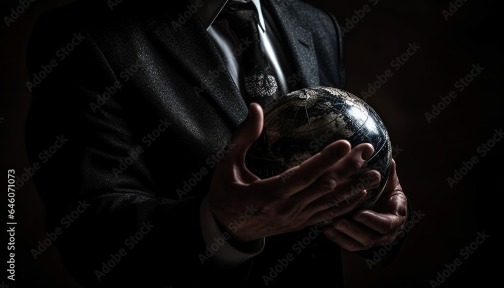 Global businessman holding world map sphere with confidence and determination generated by AI