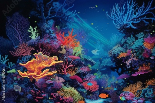 A vibrant coral reef painting with fish  corals  blue light  and a black light. Generative AI