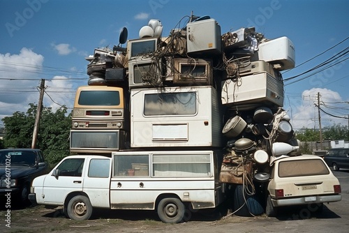 Stacked obsolete appliances on truck. Generative AI