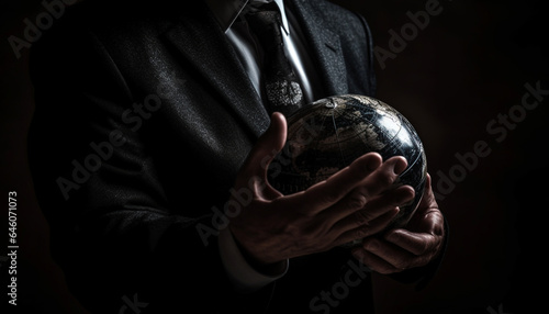 Global businessman holding world map sphere with confidence and determination generated by AI © Stockgiu
