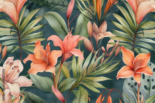 Watercolor tropical pattern featuring lily flowers and buds. Generative AI