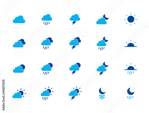Weather icons. Weather forecast icon set. Clouds logo. Weather , clouds, sunny day, moon, snowflakes, wind, sun day. Vector illustration.