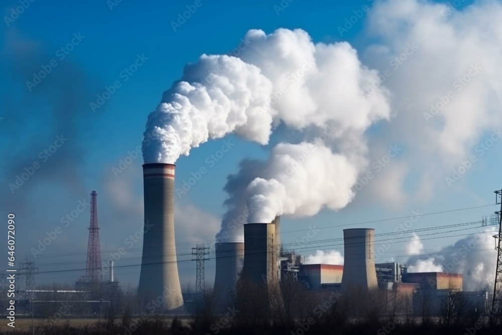Coal power plant emits black smoke, polluting atmosphere while producing electrical energy. Generative AI