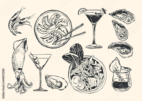 Abstract boho style food and beverages vector illustrations for your wall art gallery, logo design, wallpaper