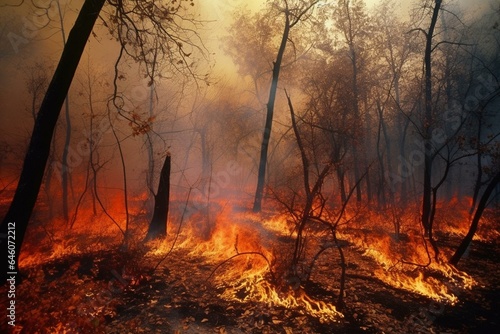 Wildfire engulfs dense woodland with blazing flames. Generative AI