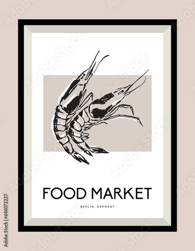 Shrimps hand drawn illustration in a poster frame for wall art gallery