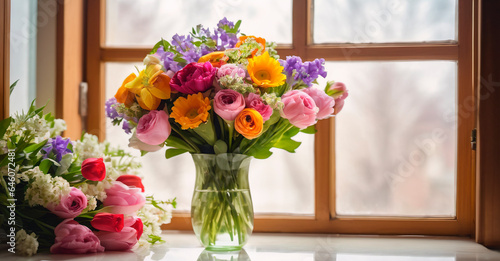 Bouquet of colorful spring flowers in a glass vase on the windowsill © Anton Dios