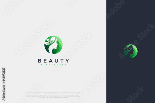 Natural beauty woman face and leaf logo. Concept for business industry of beauty fashion, salon, nature care, hair care, health, personal hygiene, makeup artist. Vector illustration